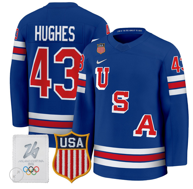 Men 2026 USA Olympic #43 Quinn Hughes blue NHL Jersey